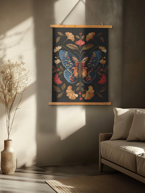 Ancient sunsets meet twilight waters in this captivating botanical symphony of light and shadow. This extraordinary wall hanging showcases a majestic sapphire butterfly adorned with vibrant coral and golden accents, framed by a harmonious arrangement of amber and coral ginkgo leaves against midnight velvet. The intricate 3D print replicates the dimensional quality of fine embroidery, each golden vein and azure wing rendered with museum-quality precision. A breathtaking centerpiece for entryways, reading noo